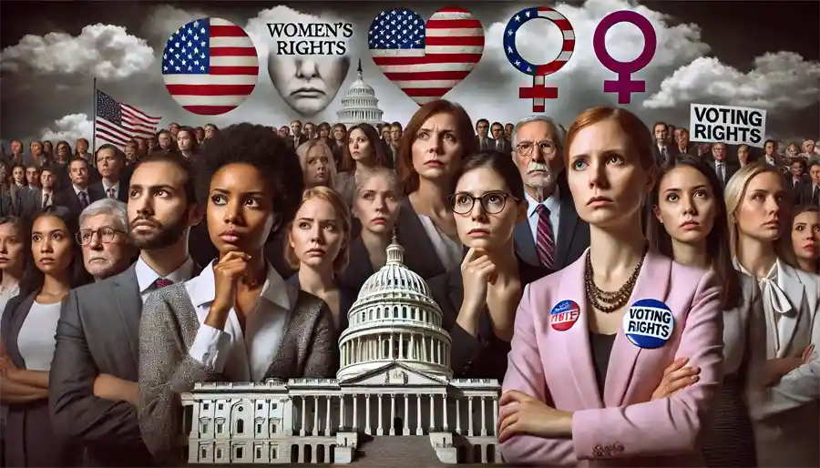 A diverse group of people looking concerned, with symbols of women's rights, voting rights, and LGBTQ+ rights overshadowed by dark clouds